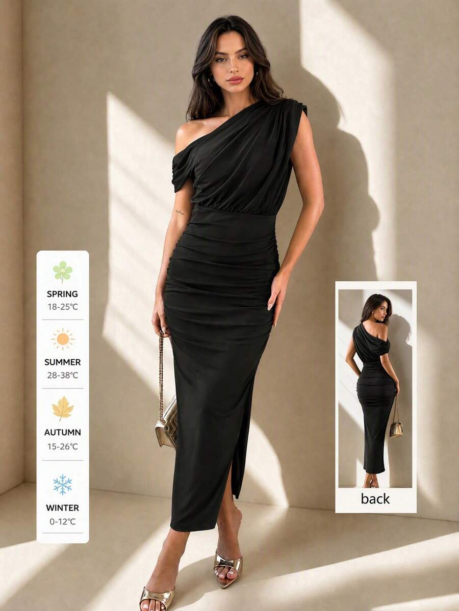 QIANZHIDU SUNSTORY Gaun Midi Wanita Musim Gugur Warna Hitam dengan Bahu Asimetris, Detail Kerut di Pinggang, dan Belahan, Cocok untuk Pesta Malam, Tamu Pernikahan, dan Acara Dansa Pulang Kampung - Hitam - View 1