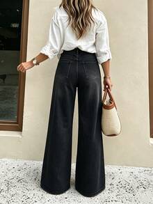 Women's Black Denim Wide Leg Pants, Button Decor, Long Casual Style, Medium Stretch Fabric, Comfortable All Day - Black - View 2