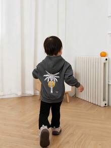 Young Boy Palm Tree Sunset Graphic Print Hoodie, Casual Long Sleeve Pullover Sweatshirt For Kids - Dark Grey - View 9