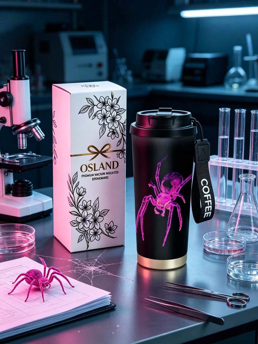1個/5個 500ml 萬聖節霓虹紫色蜘蛛不鏽鋼保溫咖啡杯,吸睛霓虹紫色蜘蛛圖案印花設計,附掛繩便攜咖啡杯,適合情侶秋冬日常通勤使用 - 黑色-玫紅蜘蛛 - 查看 1
