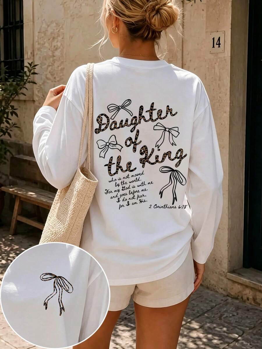 Plus Size Women's Leopard "Daughter Of The King" Bow & Bible Verse Graphic Long Sleeve Tee, Moderate Stretch Crewneck Loose Casual Fall Top - White - View 1