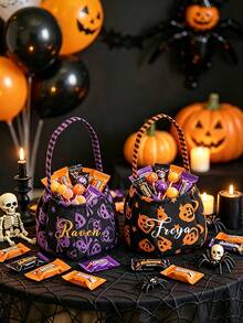 Custom Embroidered Name Halloween Candy Bag, Trick‑Or‑Treat Bucket, Ghost & Pumpkin Print Drawstring Gift Pouch, Halloween Party Favor Basket - Multicolor - View 3