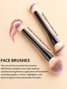 5pcs Multi-Function Makeup Brush Set, Dual-Ended Powder & Blush Brush, Dual-Ended Contour Brush, Wavy Foundation Brush, Angled Powder Brush, Angled Contour Brush, Fluffy Bristles, Non-Absorbent, Suitable For Student Home Makeup And On-The-Go Touch-Ups - Multicolor - View 4