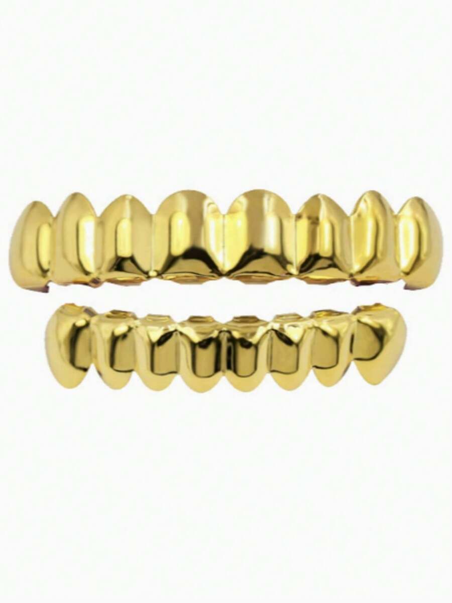 1pc Gold Grillz For Halloween & Christmas Costumes, Removable Upper & Lower Teeth Covers, Bling Hip Hop Cosplay Mouth Jewelry, Reusable Party Costume Accessory - Multicolor - View 1