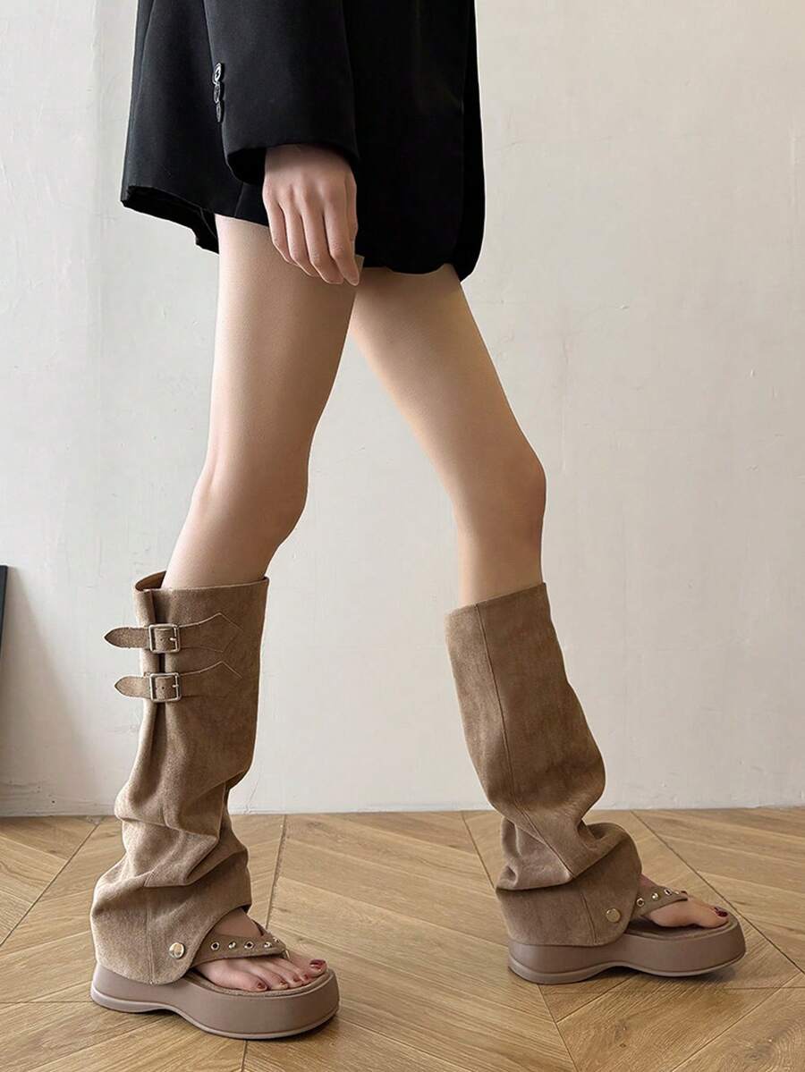 Women's 2-Way Khaki Wide Leg Boots, Open Toe Thong Thick Platform Shoes, Western Cowboy Style, Metal Buckle And Rivet Decor, Retro Autumn/Summer - Khaki - View 1