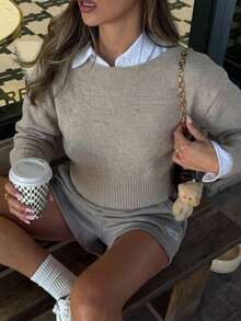 Women's Fashion Short Pullover Sweater Long Sleeve Knit Top With Cuffed Design Winter Outfit - Khaki - View 3