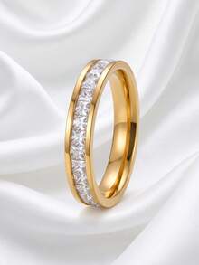 2pcs/Set 18K Gold Plated Stainless Steel Bracelet And Ring Set, Rectangular Cut Cubic Zirconia Channel Inlay Bracelet And Eternity Ring, Waterproof Anti-Oxidation Luxury Jewelry, Women's Gift - Gold - View 6