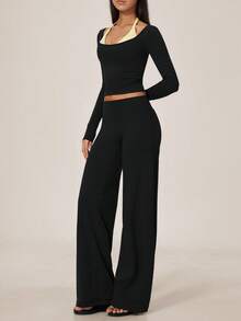 TimeOff Women's One Set Autumn/Winter Colorblock 2 In 1 Cropped Long Sleeve Solid Wide Leg Pants - Black - View 10