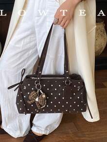 low tea 1pc Polka Dot Square PU Fabric Shoulder Bag, Suitable For Commuting, Shopping, Etc. (With Pendant) - Coffee - View 2