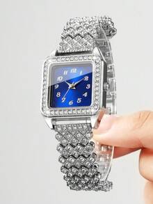 Women's Luxury Full Rhinestone Square Quartz Watch, Sapphire Blue Dial Full Rhinestone Alloy Band With Rhinestones, Versatile Wristwatch For Party And Banquet, Gift For Girlfriend (1pc/Set) Watch Box Not Included - Silver - View 4