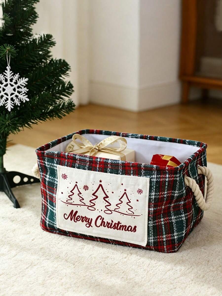 1pc Christmas Desktop Storage Boxes, Foldable Portable Organizer Baskets, Thickened Bins,Festive Print, Multi‑Color Holiday Style For Teens Adults, Xmas Tabletop Bedroom Dorm Office, Practical Storage Box For Daily Home Organization