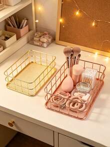 1pc Nordic Metal Wire Storage Basket, Gold & Rose Gold Desktop Organizer Tray, Vanity Makeup Cosmetic Sundries Storage Holder - Multicolor - View 9