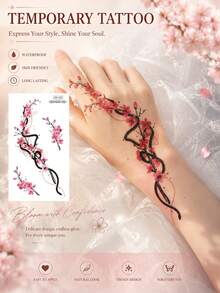 3 Sheets Cherry Blossom Temporary Tattoo For Women, Red Floral Vine & Black Ribbon Tattoo Sticker, Waterproof Long-Lasting Elegant Body Art For Hand, Wrist, Arm, Parties, Festivals, Vacations & Everyday Style - Multicolor - View 7
