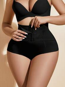 1pc Women's Lace Shaping Thong, High Waist Tummy Control Shapewear, Butt Lifting Slimming - Black - View 3