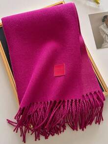 1pc Solid Color Faux Leather Label Tasseled Thick Scarf 65*190cm, Polyester Wool Blend, Fall Winter Shawl For Travel Party Outing, Wear As Scarf Shawl - Multicolor - View 30