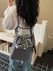 Zebra Stripe Drawstring Mini Bucket Bag For Women, Vintage Leopard Print Metal Chain Crossbody Small Bag, Drawstring Closure With Beaded Decoration, Casual Travel Party Handbag - Black - View 6