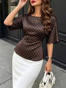 DONICY Women's Brown Lace-Up Waist Round Neck Casual Fringe Top - Coffee Brown - View 5