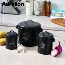 Aurelion 3 PiecesMatte Black Metal Vegetable Storage Canister Set, Potato Onion Garlic Keeper With Lid & Handle, Ventilated Kitchen Countertop Food Storage Bins - Black - View 5