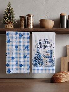 2pcs Winter Watercolor Blue Plaid Christmas Tree Snowman Hello Winter Text Kitchen Towels, 40*60cm Soft Microfiber Material Tea Towels, Suitable For Home Kitchen Restaurant Outdoor Camping Tabletop Cleaning Dish Cloth Hand Towel Accessories, Christmas Theme Kitchen Towels Holiday Gift - Multicolor - View 1