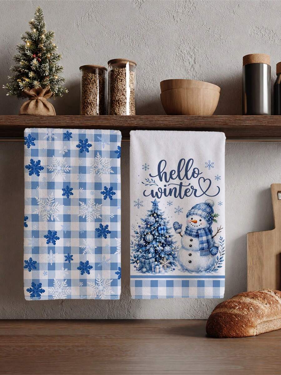 2pcs Winter Watercolor Blue Plaid Christmas Tree Snowman Hello Winter Text Kitchen Towels, 40*60cm Soft Microfiber Material Tea Towels, Suitable For Home Kitchen Restaurant Outdoor Camping Tabletop Cleaning Dish Cloth Hand Towel Accessories, Christmas Theme Kitchen Towels Holiday Gift - Multicolor - View 1