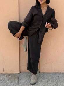 SMILE CHIC New Vintage Commute Lapel Shirt & Wide Leg Pants 2 Pieces Set Elegant - Coffee Brown - View 5