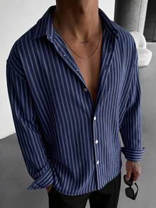 WAIT HIM Men's Casual Striped Long Sleeve Shirt, Polyester Blend - Navy Blue - View 1