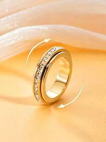 1pc Stainless Steel Rotating Double Ring Square Zirconia Lucky Spinner Ring - Gold - View 3