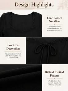 Ladies Lace Trim Square Neck Long Sleeve Ribbed Top, Front Bow Tie Slim Fitted Solid Knit Tee, Casual Blouse For Daily And Going‑Out Occasions - Black - View 11