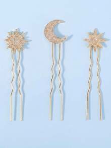 3pcs/Set Bohemian Style Sun Moon Star Hair Stick Set, Luxury Gold Shiny Rhinestone U-Shaped Hair Pins, Versatile Daily Photography Party Braided Hair Decoration Headpiece - Gold - View 7