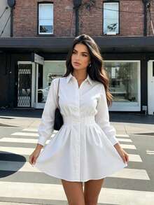 女款白色純色優雅派對度假海灘簡約通勤日常時尚休閒浪漫復古可愛長袖襯衫洋裝 - 白色 - 查看 4