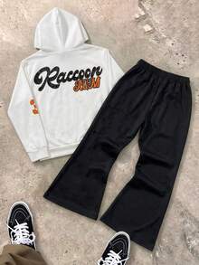 2pcs/Set Tween Boy Outdoor Casual Motorcycle Racing Letter Graphic Hoodie Sweatshirt And Contrast Stripe Digit Pattern Loose Comfortable Pants Set, Spring/Autumn - Black and White - View 2