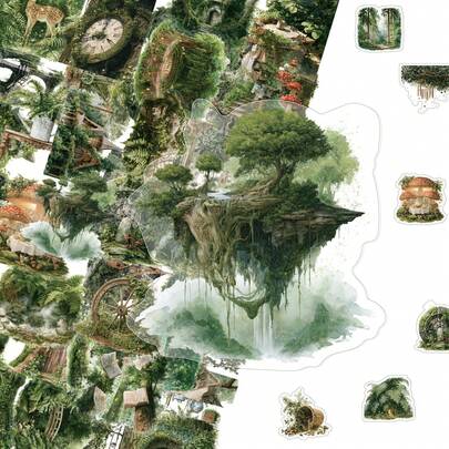 50pcs/Sheet Vintage Watercolor Magic Forest Secret Realm Theme PET Transparent Stickers, Filled With Dark Romantic Forest Atmosphere. Patterns Cover Vines, Ruins, Ancient Castles, Elf Treehouses, Etc. Perfect For Scrapbooking, Photo Albums, Notebooks, Phone Decoration, Creating Immersive Mori Style Vintage Visuals.
