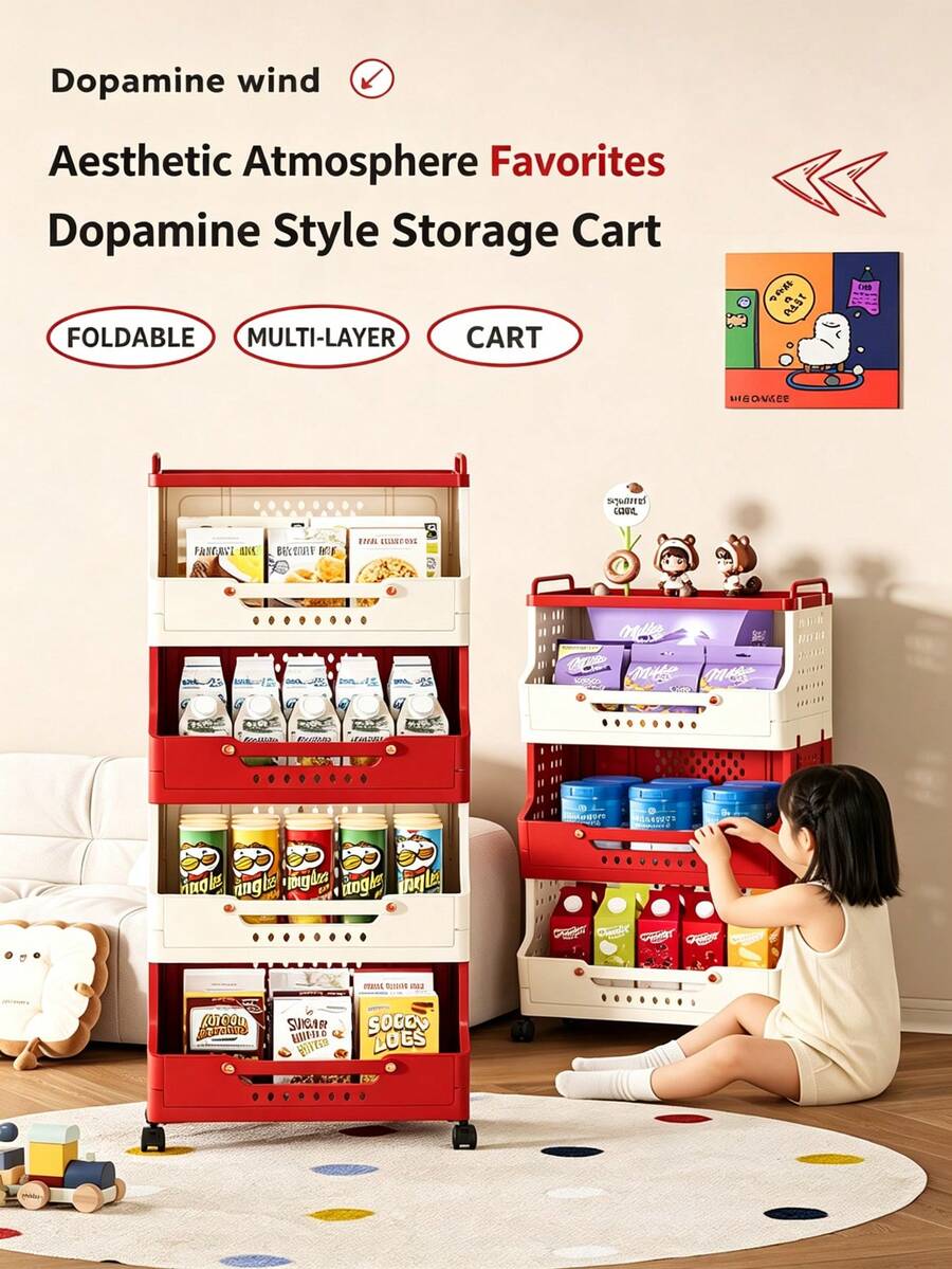 1pc Dopamine Red & White Color Block Rolling Cart Storage Rack, Multi-Layer Living Room Sundries & Snacks Organizer, Highly Attractive Foldable Storage Cabinet - Multicolor - View 1
