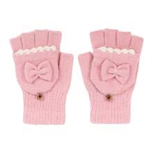 1 Pair Knitted Bow Touchscreen Gloves - Washable, Woven Fabric, Autumn/Winter Thick Double-Layer Warm, Colorblock Elastic Cuff Cold-Proof Gloves - A - View 6