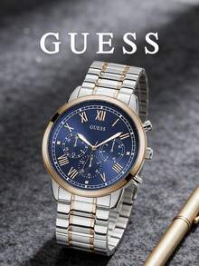GUESS W1309G4 男士石英計時碼錶 雙色玫瑰金與銀色鋼製錶帶 藍色羅馬數字錶盤 100米防水 商務腕錶 - W1309G4 - 查看 1
