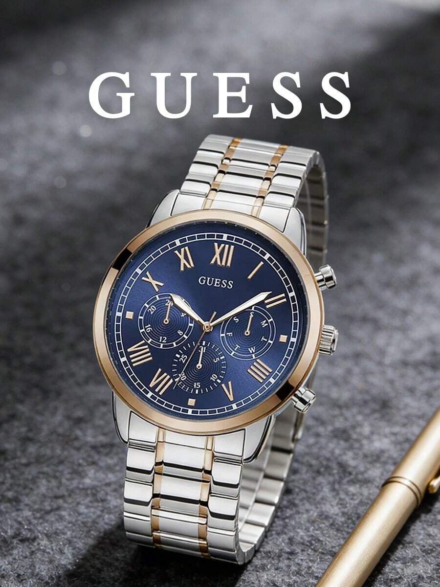 GUESS W1309G4 男士石英計時碼錶 雙色玫瑰金與銀色鋼製錶帶 藍色羅馬數字錶盤 100米防水 商務腕錶 - W1309G4 - 查看 1