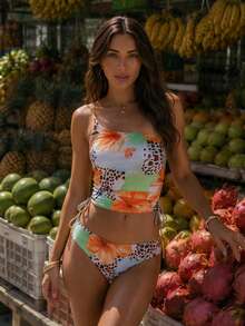 New Summer Fashion Women's Leopard Print One-Shoulder High-Waist Bikini Set, Halter Neckline Suitable For Beach Vacation Party - Multicolor - View 4