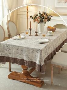 1pc Colorblock Ruffle Edge Tablecloth, Floral Print, Autumn/Winter Atmosphere, Farmhouse Style, Suitable For Dining Table Decor, Picnic Tablecloth, Holiday Celebration, Party Gathering, Birthday Banquet, Daily Dining Table, Kitchen And Dining Room Decoration, All Seasons, Home Decor - Silver - View 3
