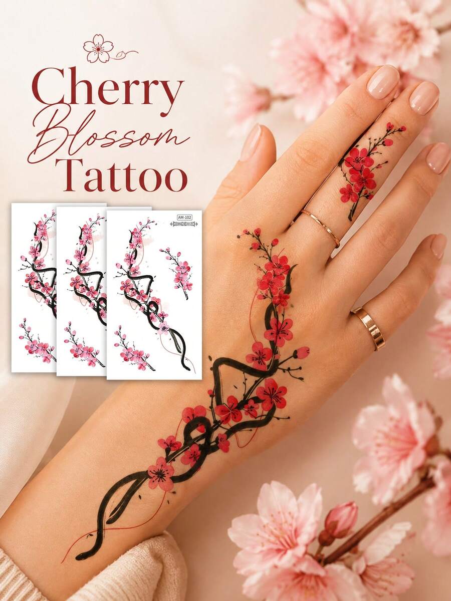3 Sheets Cherry Blossom Temporary Tattoo For Women, Red Floral Vine & Black Ribbon Tattoo Sticker, Waterproof Long-Lasting Elegant Body Art For Hand, Wrist, Arm, Parties, Festivals, Vacations & Everyday Style - Multicolor - View 1