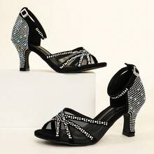 Women's Mesh Rhinestone Latin Dance Sandals, Ankle Strap Chunky Heel Ballroom Performance High Heels - Black - View 2