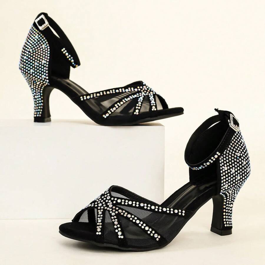 Women's Mesh Rhinestone Latin Dance Sandals, Ankle Strap Chunky Heel Ballroom Performance High Heels