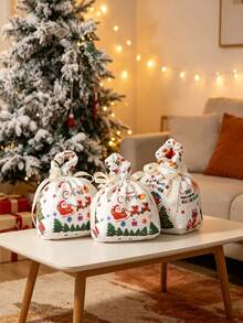 Christmas Drawstring Gift Bag, Xmas Santa Print Candy Goodie Pouch With Handle, Festive Present Wrapping Sack For Christmas Eve Party Favors, Lovely Holiday Treat Storage Bag For Gift Giving Celebration - Multicolor - View 11