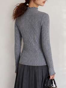 Women's New Frill Trim Mock Neck Pullover Knit Sweater - Grey - View 2