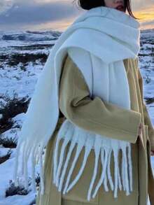 1pc 35*180cm Premium Fashion Elegant Solid Color Tassel Wool Scarf For Women, Casual Windproof Shawl For Autumn/Winter, Suitable For Daily Wear - Milky White - View 1