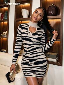 NEW IDEA Women Sexy Zebra Print Fall Winter Sweater Short Bodycon Dress, Mock Neck Cutout Front Long Sleeve Knit Dress For Night Out, Going Out& Party - Multicolor - View 3