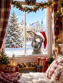 30*30 Christmas Donkey Static Window Sticker, Cute Tilted Head Donkey With Red Christmas Hat Design, Static Material No Glue Needed, Reusable, Suitable For Window, Home Glass Window Decoration, Create Warm And Fun Christmas Atmosphere, Creative Holiday Decoration Sticker For Christmas Home And Shop Scene Arrangement - Multicolor - View 4