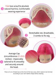SALLYWELL 13x4 Lace Front Wig For Women, Shiny Pink Straight Synthetic Hair, 24 Inch Pre-Plucked Natural Hairline Breathable Wig Cap, Suitable For Party, Cosplay And Daily Wear - Hot Pink - View 9