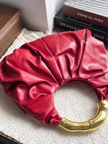 Women's Ruched Texture Vintage Gold Ring Handle Open Top Handbag, Lightweight Luxury Relaxed Style Niche Small Tote Bag For Dating And Outings, High-End Asymmetrical Handheld Bag - Red - View 10