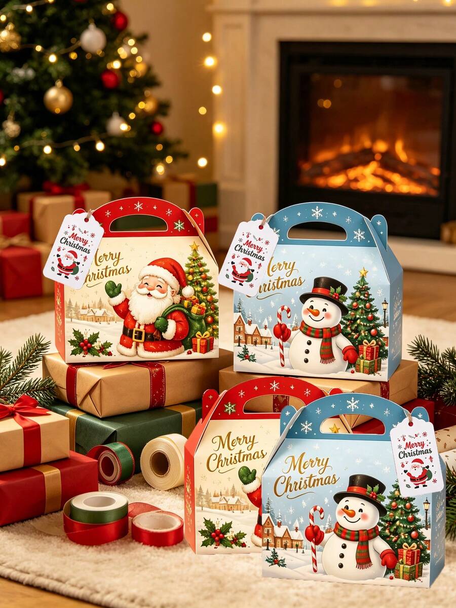 24/12pcs Christmas Santa Claus Gift Box Set, Christmas Tree & Snowman Print With Christmas Cards, Christmas Gift Packaging Handheld Box, Holiday Party Supplies, Christmas Gift Wrapping Box, Atmosphere Decor, Suitable For Christmas Table Decoration & Gift Wrapping - Multicolor - View 1
