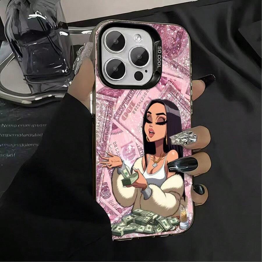 1pc Black Cartoon Money Girl Minimalist Personalized TPU Anti-Drop Full Coverage Phone Case Compatible With Apple 17 16 15 14 13 12 11 Pro Max Air And Series - Multicolor - View 1